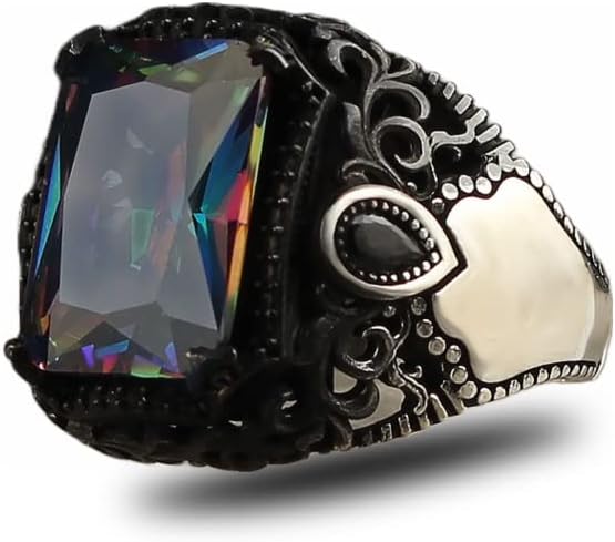 BayVog 925 Sterling Silver Mens Ring with Mystic Topaz Gem Stone, Handmade Men Silver Ring, Mystic Topaz Gemstone Mens Ring, Turkish Silver Ring, Gift for Men