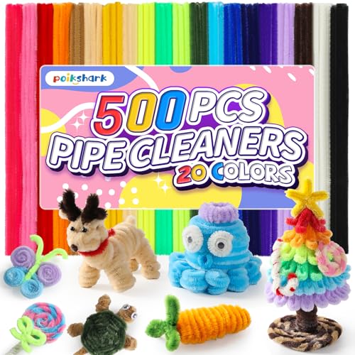 POIKSHARK 500 PCS 20 Colors Thick Pipe Cleaners Craft, Multi-Colored Chenille Stems for Craft Supplies & Materials, Fuzzy Pipe Cleaners Bulk for DIY Arts Projects, Rainbow Pipe Cleaners(12inch*6mm)