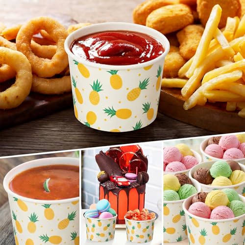 Image of Funnymoom 50 Pack Pineapple Ice Cream Cups 9 oz Yellow Pineapple Disposable Dessert Bowls Fruit Paper Soup Bowl Snack Cup for Hot or Cold Food for Summer Hawaiian Luau Theme Baby Shower Birthday Party