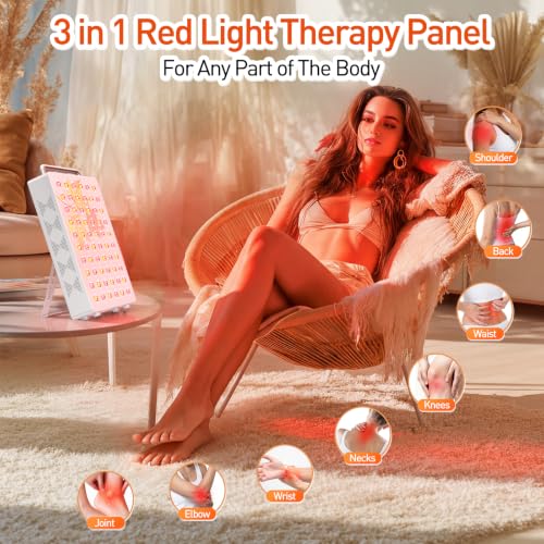 Image of Red Light Therapy Panel, 5 Wavelength 60 Dual Chip LEDs 630+660+810+830+850nm Near Infrared Lamp Therapy Device Timer & Stand for Body Pain Relief Face Skin Health Sleep 100W White