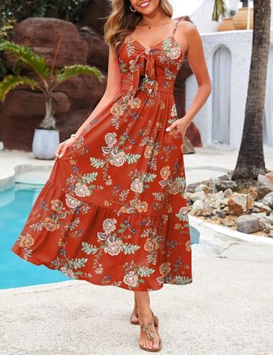 Image of Kranda Women 2026 Summer Sundress High Waist Tie Front Spaghetti Strap Long Beach Floral Tiered Maxi Dress with Pockets