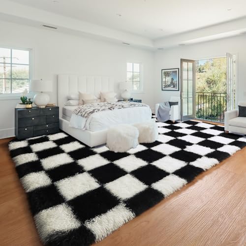 Image of KICMOR 8x10 Area Rugs for Living Room, Large Fluffy Soft Black and White Checkered Shag Shaggy Bedroom Carpets, Indoor Big Fuzzy Plush Rug for Kids Boys Girls Teen Dorm Nursery Home Decor Aesthetic