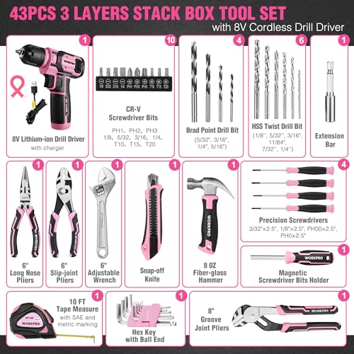 Image of WORKPRO Power Drill Set with Stackable Tool Box, 8V Cordless Drill Driver and Bit Set, 2.0Ah Electric Cordless Screwdriver Kit with 3 /8 inch Keyless Chuck, For Home Repair, DIY