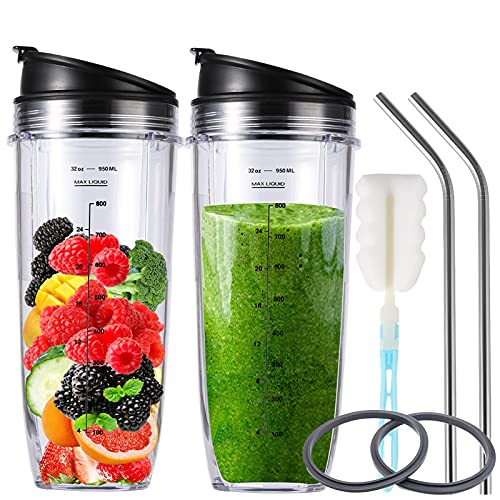 Ninja Blender Cups 2 Pack,Ninja Blender Replacement Parts with Sip Seal Lid Accessories 24/32oz Compatible with Nutri Ninja Blender BL450 BL454 Auto-iQ BL480 BL481 BL482 BL687