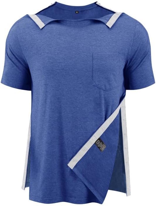 Post Shoulder Surgery Shirts for Men Full Snap Open Tear Away Short Sleeve T Shirt Chemo Port Access Tee Rotator Cuff Surgery