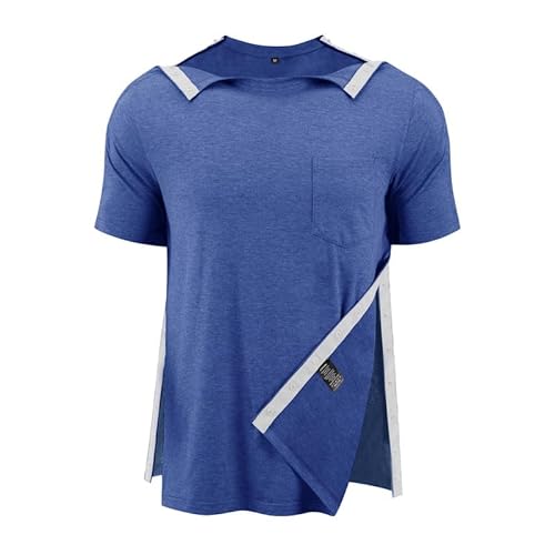 Post Shoulder Surgery Shirts for Men Full Snap Open Tear Away Short Sleeve T Shirts Easy Chemo Port Access Tee Rotator Cuff Surgery Recovery Shirt(BE L)