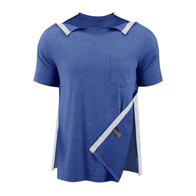 Post Shoulder Surgery Shirts for Men Full Snap Open Tear Away Short Sleeve T Shirt Chemo Port Access Tee Rotator Cuff Surgery
