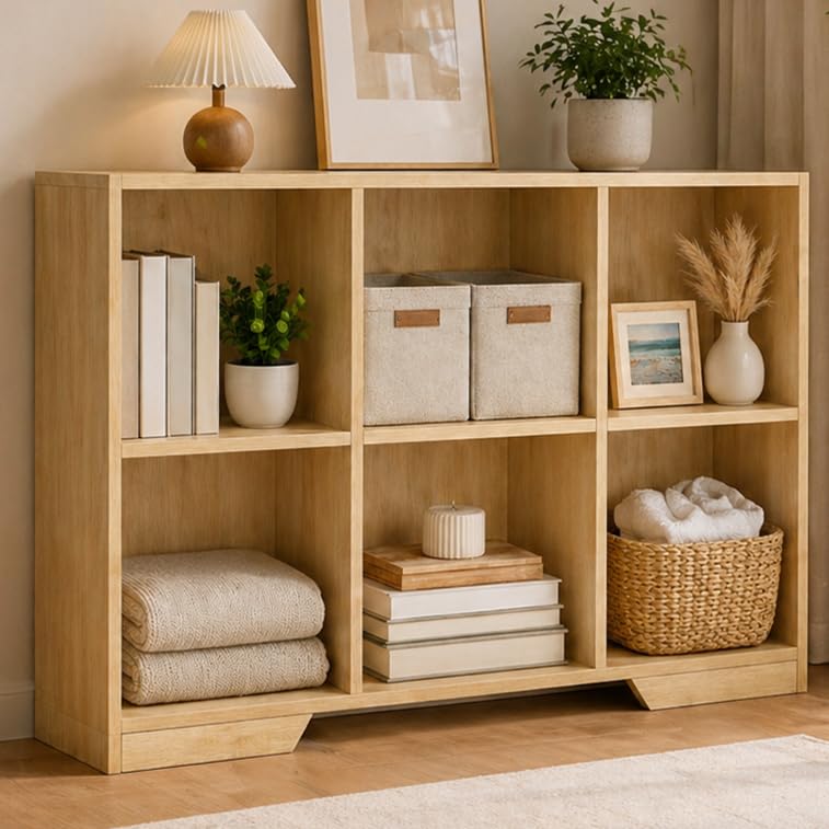 Image of 6 Cube Storage Organizer Wooden Bookshelf, Cube Shelf Bookcase, Small Bookshelf Storage Organizer, Narrow Cube Storage Shelf for Bedroom, Small Bookshelf for Living Room and Office (Natural, 6 Cube)