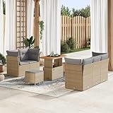Ensemble Salon de Jardin 8 Places Modulable en Polyrotin Gris Beige avec Table en Bois d'Acacia, Canapé d'Extérieur Confortable pour Terrasse Balcon Jardin, Résistant aux UV et Facile à Nettoyer