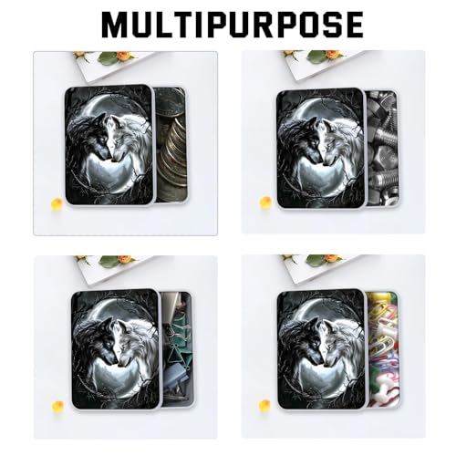 Image of Metal Tin Box with Lid,Multi-functional Storage Box Can Store Tea Biscuits Game Cards, Playing & Tarot Cards-Comes with 4 Magnetic Cord Clips,Black and White Twin Wolves