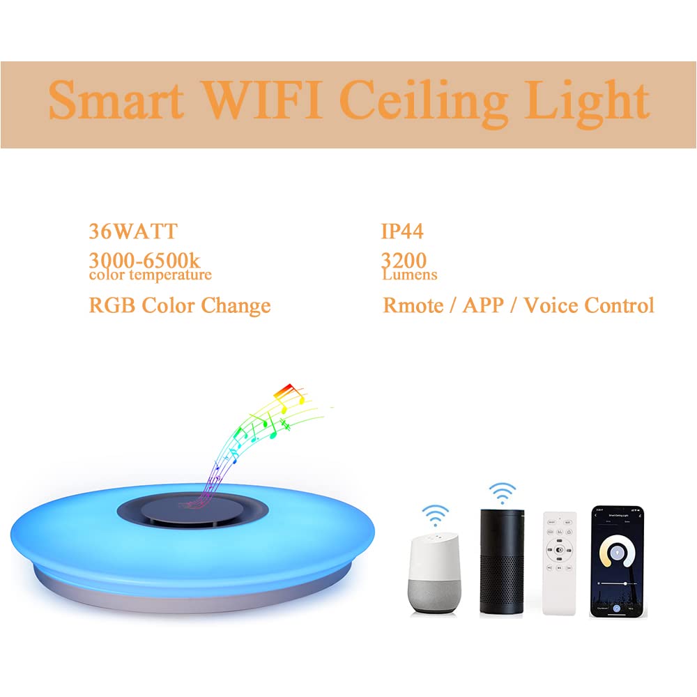 Plafón LED inteligente de 36 W con mando a distancia y altavoz Bluetooth, regulable, cambio de color, compatible con Alexa y Google Home, 2800 lm, 40 cm de diámetro [clase energética A]