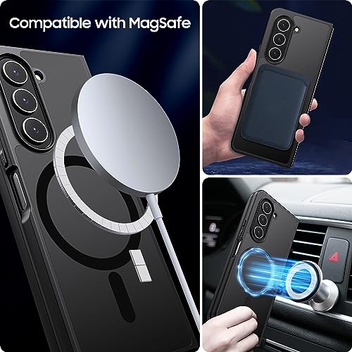 Image of MAKAVO Magnetic for Samsung Galaxy Z Fold 5 Case [Compatible with MagSafe] Slim Translucent Matte Hard Back & Soft Black Bumper, Military Grade Drop Proof Cover, Shockproof Phone Case