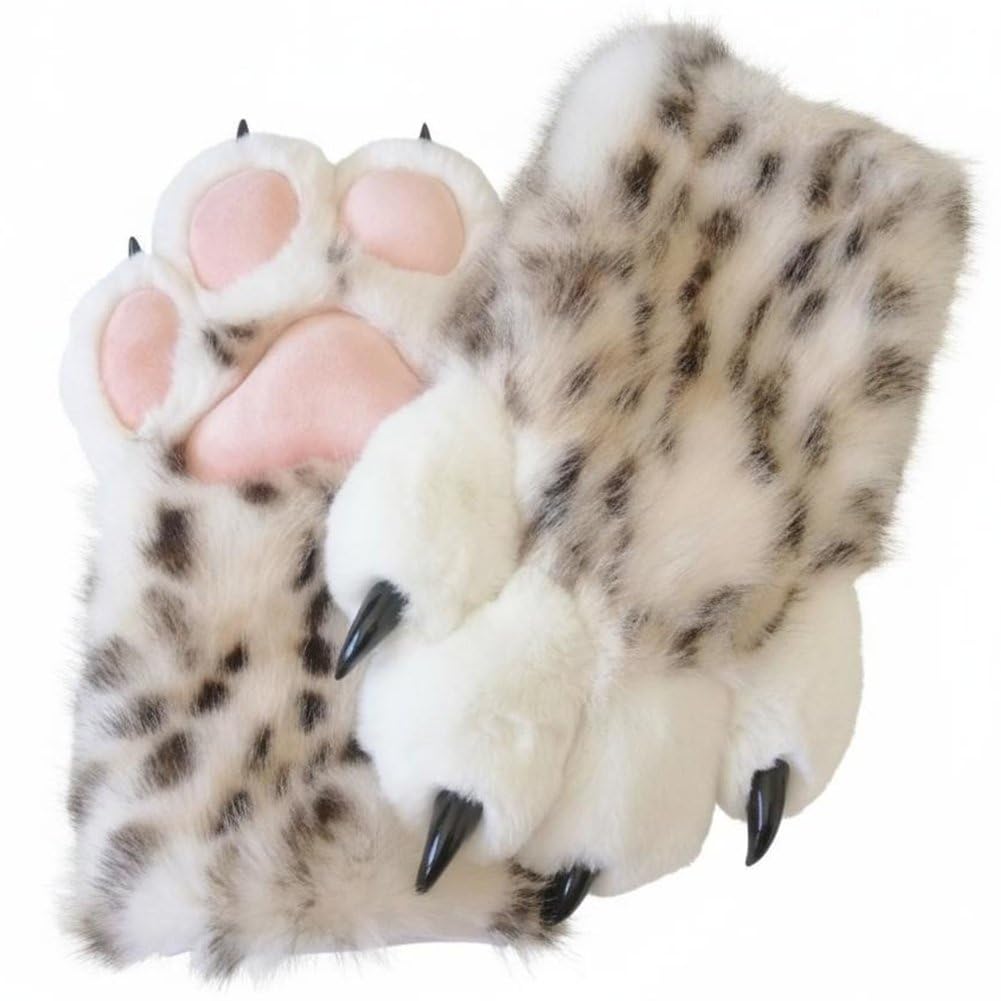Sslvya Leopard Print Animal Paw Gloves Furry Claws Mittens for Halloween Costumes and Shows Cosplay Accessories