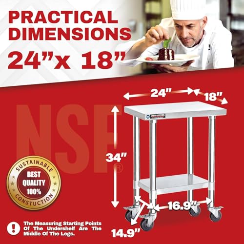 Image of DuraSteel 24x18 NSF Stainless Steel Cart Work Table - Heavy Duty Rolling Food Prep Table - Metal Utility Cart on Wheels Caster, Grill Stand Microwave Outdoor Kitchen Tables Countertop Island Large Top