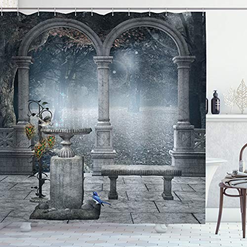 ABAKUHAUS Gothic Shower Curtain, Fictional Middle Age Mythical Stone Bench Balcony Building with Hummingbird Graphic Print