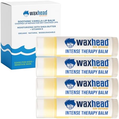 Waxhead Organic Lip Balm – Fast-Acting Relief Lip Repair for Dry, Cracked, Chapped Lips – Natural Beeswax, Shea Butter, Aloe & Vitamin E – Hydrating Lip Moisturizer for Sensitive Skin (Vanilla 4 Pack)