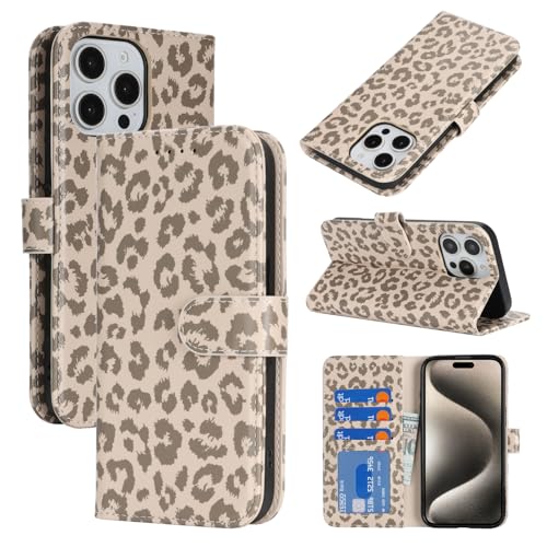 Image of for iPhone 15 Pro Case Wallet with Card Holder,for iPhone 15 Pro Wallet Case for Women Men,PU Leather Shockproof Magnetic Buckle Stand Flip Phone Case-Beige Leopard