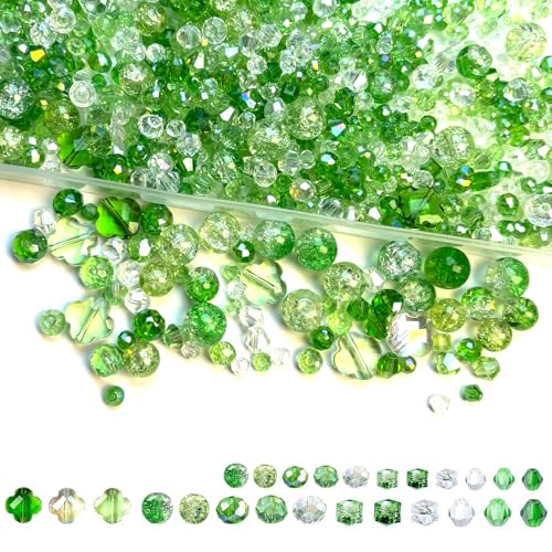 1000pcs Green Glass Beads for Jewelry Making - Assorted Size and Styles (Bicone Rondelle Suquare Four-Leaf Clover Crackle Round) Craft Crystal Beads for Bracelet Necklace Earring with 1 Box