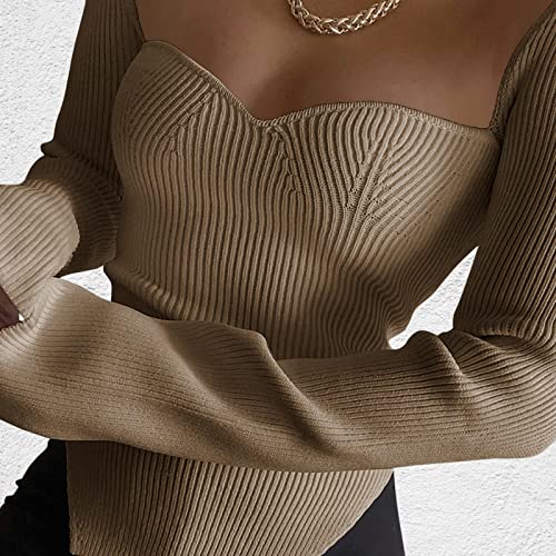 Image of Women's Square Neck Ribbed Knitted Sweater Long Sleeve Crop Slim Fitted Basic Pullover Tops