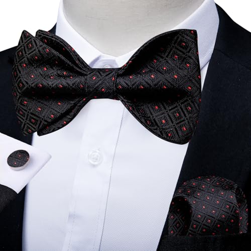 Image of DiBanGu Men Bow Tie Paisley Striped Self-Bow Tie for Men and Silk Woven Bowtie Pocket Square Cufflinks Wedding Party
