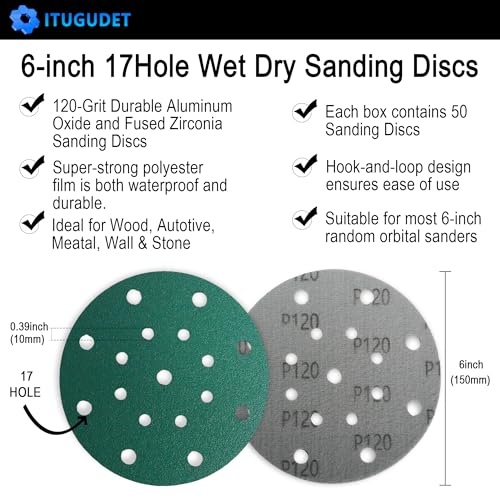 Image of 6 Inch 17 Hole 120 Grit Zirconia Alumina Hook & Loop Sanding Discs, Heavy-Duty Polyester Film Backing, Wet /Dry Anti-Clog for Random Orbital Sanders - Wood, Automotive, Metal - 50 Pack