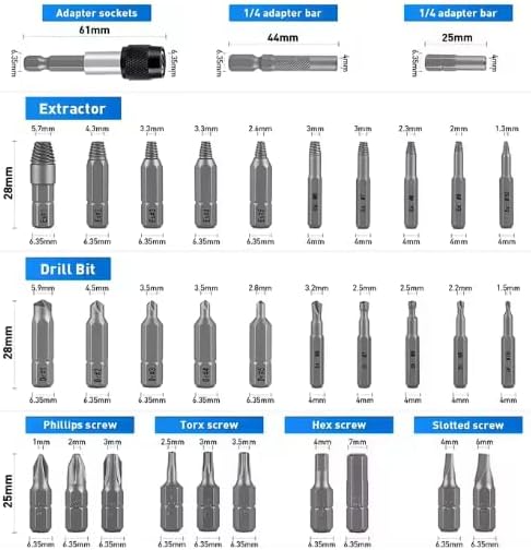 Miniatura 2 de Juego de extractor de tornillos y removedor de pernos de 33 piezas, kit de extracción de tornillos dañados, pelados y rotos con extensión de enchufe