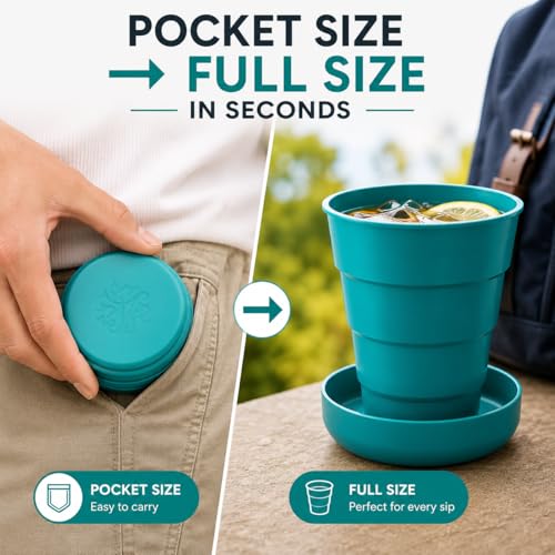 Image of Foldable Travel Glass | Collapsible Folding Travel Cup with Lid | Portable Silicone Drinking Glass | Leakproof & Reusable Cup for Traveling, Camping, School & Outdoor Use (Pack OF 1)