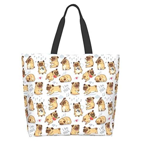 Qwalnely Tote Bag Beach Canvas Bag Travel Reusable Grocery Shopping Bag Pug Gifts for Pug Lover (Pug) Cover