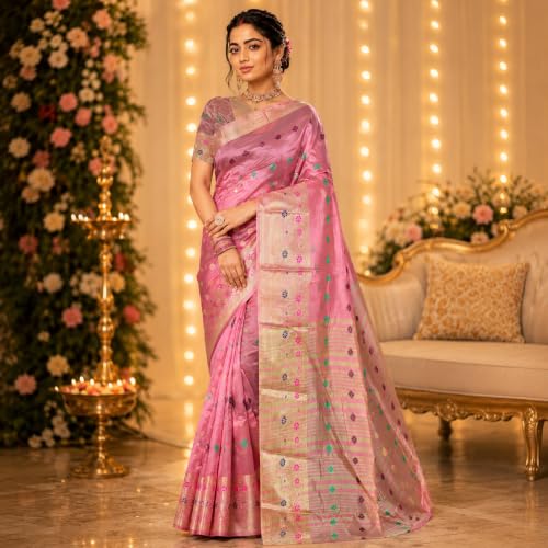 Image of Sarees for Women Wear Organaza Silk Banarasi Sari Kanjivaram Soft Pure Paithani Wedding Original Kanchipuram Pattu Sadi with Blouse Piece 2026 (Flowermeena)
