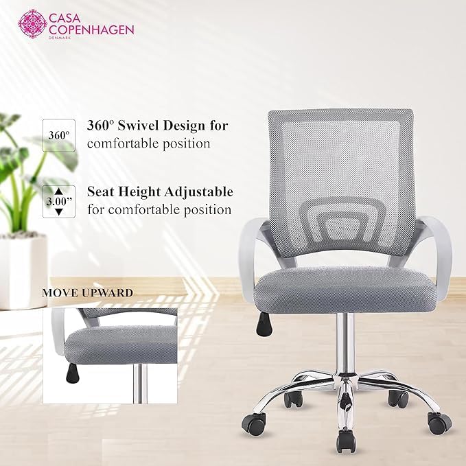 Image of Casa Copenhagen Mesh Mid Back Office /Study /Computer /Revolving /Desk Chair for Work from Home -Metal Base, Height Adjustable Seat - Solid Grey & White Handle