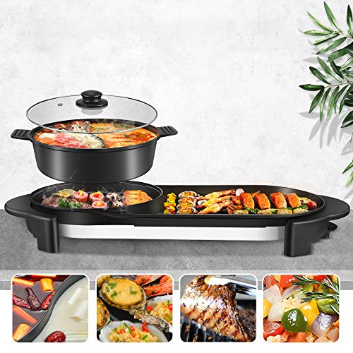 ETE ETMATE Portable Electric Grill Removable Electric Indoor Grill Hot Pot Electric Barbecue Grill Indoor Hot Pot Chafing Dish Large Capacity Household Multifunctional Non-Stick Pan Electric Cooker with 5 Temperature Adjustments