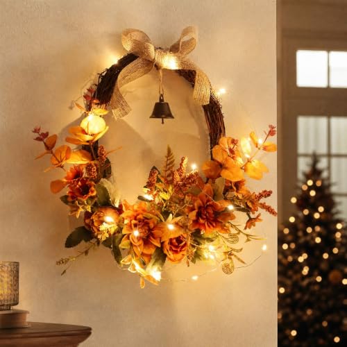 Harvest Fall Wreath for Front Door with Led Lights, Farmhouse Fall Decor, - image 5