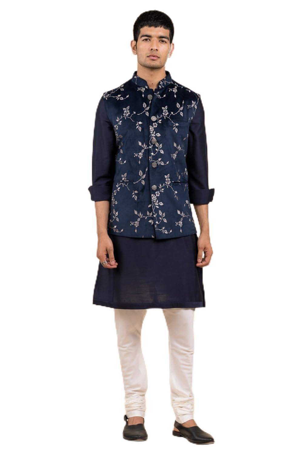 tasva Navy Floral Embroidered Velvet Bundi For Men-picture-39