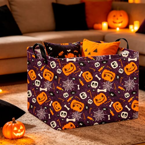 Image of CLOCOR Rectangular Storage Basket,Collapsible Cute Pattern Storage Bin,Waterproof Books Box with Handles,Gift Basket(Big Pumpkin Halloween)