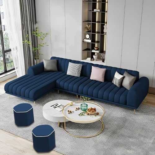 Image of Casaliving Herrick LHS 6 Seater L Shape Sofa Set with 2 Puffy for Living Room (Blue Colour) Premium Velvet Fabric Sofa