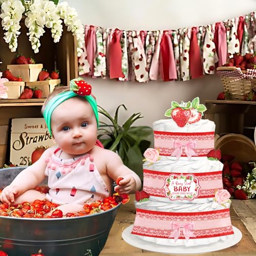 CORNER LACE Strawberry Diaper Cake Decoration Kit, Strawberry Shortcake Baby Shower, Gender Reveal Birthday Party Diaper Cakes Supplies, Include Ribbon, Cutout, Bow Tie, Artificial Berry and Flower