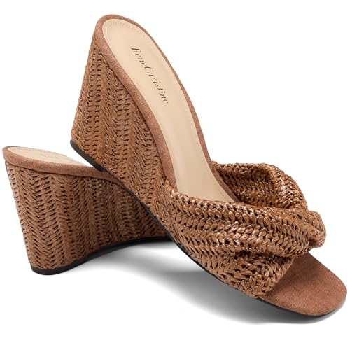 Image of Women's Wedges Heeled Slippers Fabric Heels Slip on Comfy Evening Dress Woven Sandals Square Toe Shoes for Women 3.3 inch Heels