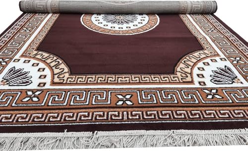 Image of Gold Area Rug with Greek Key Border and Floral Centre (Brown, 6x8)