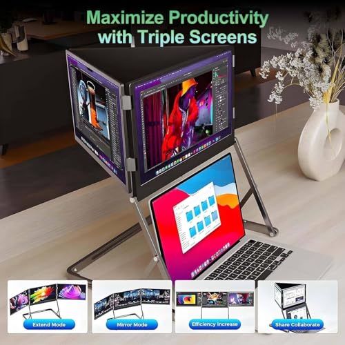 Image of Adjustable Triple Laptop Screen Extender,Portable Foldable Monitor with 178 Wide View,Low Blue Light Eye-Friendly, 360 Rotatable & Dual Speakers(Silver)