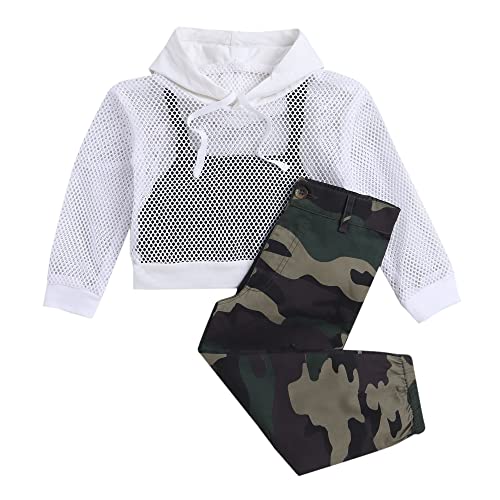 Hopscotch Girls Camouflage Print Top, Hoodie Joggers Set In White