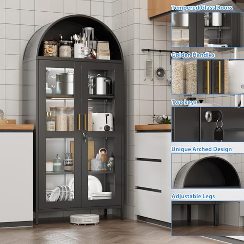 78.74" H Metal Arched Cabinet with Lock and LED Light Strip, Metal Display Cabinet with Glass Doors and Adjustable Shelves,Suitable for Dining Room, Home, Assembly Required,Black - Image 5