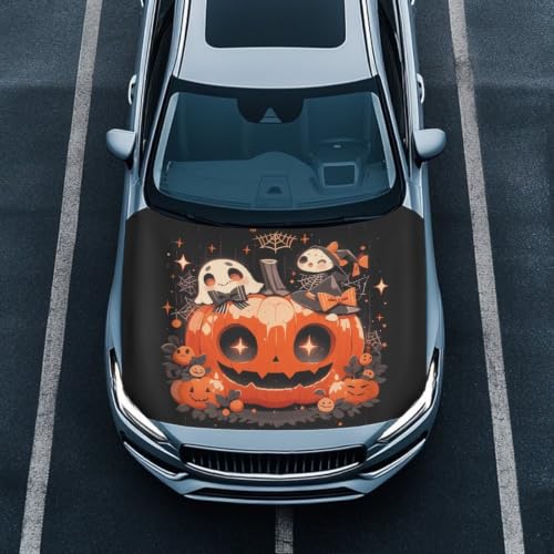Image of Ghost Pumpkin Car Hood Cover, Removable Halloween Cute Ghost Automotive Exterior Accessories, Washable Elastic Spider Web Car Bonnet All-Season Protection
