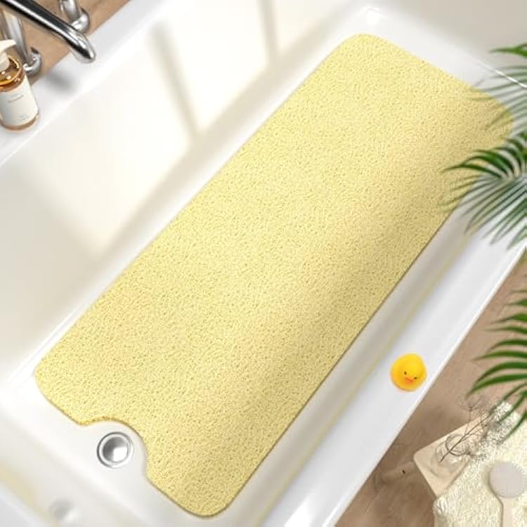 HITSLAM Non Slip Bathtub Mat 40 x 16 Inch, Extra Long Bath Mat for Tub, Soft PVC Loofah Shower Floor Mat with Drain, Quick Drying Bathroom Tub Mat for Wet Area, Without Suction Cup, Beige
