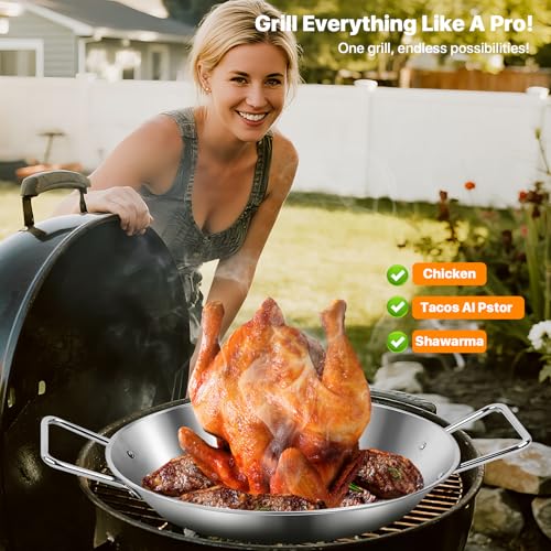 Stainless Steel Shawarma Pan for Oven & Grill - Vertical Skewer with Gyro Plate & 5 Spikes (6"-14") in Middle - Al Pastor Rotisserie for Tacos, Chicken, Pork - Gyro Cooking Pan, Roasting Skewer Stand.