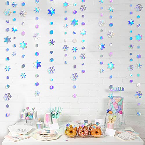 Image of Clearance Winter Wonderland Party Decorations Iridescent Snowflake Garland Holographic Paper Snowflake Streamer for Winter Onederland Christmas Frozen Birthday Wedding Bridal Shower Party Supplies