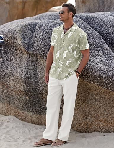 Image of COOFANDY Men 2 Piece Linen Outfit Beach Button Down Shirt Casual Loose Pant Sets
