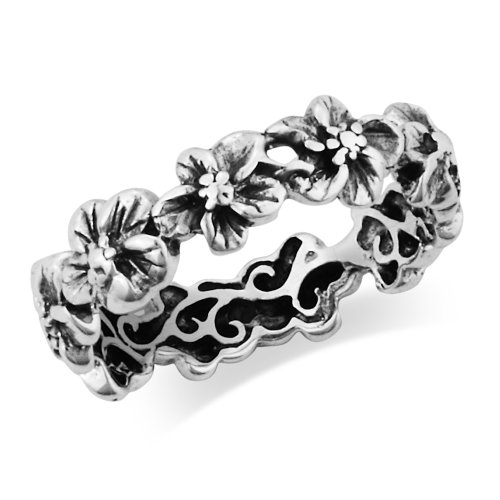 925 Sterling Silver Hawaiian Plumeria Flower Eternity Band Ring