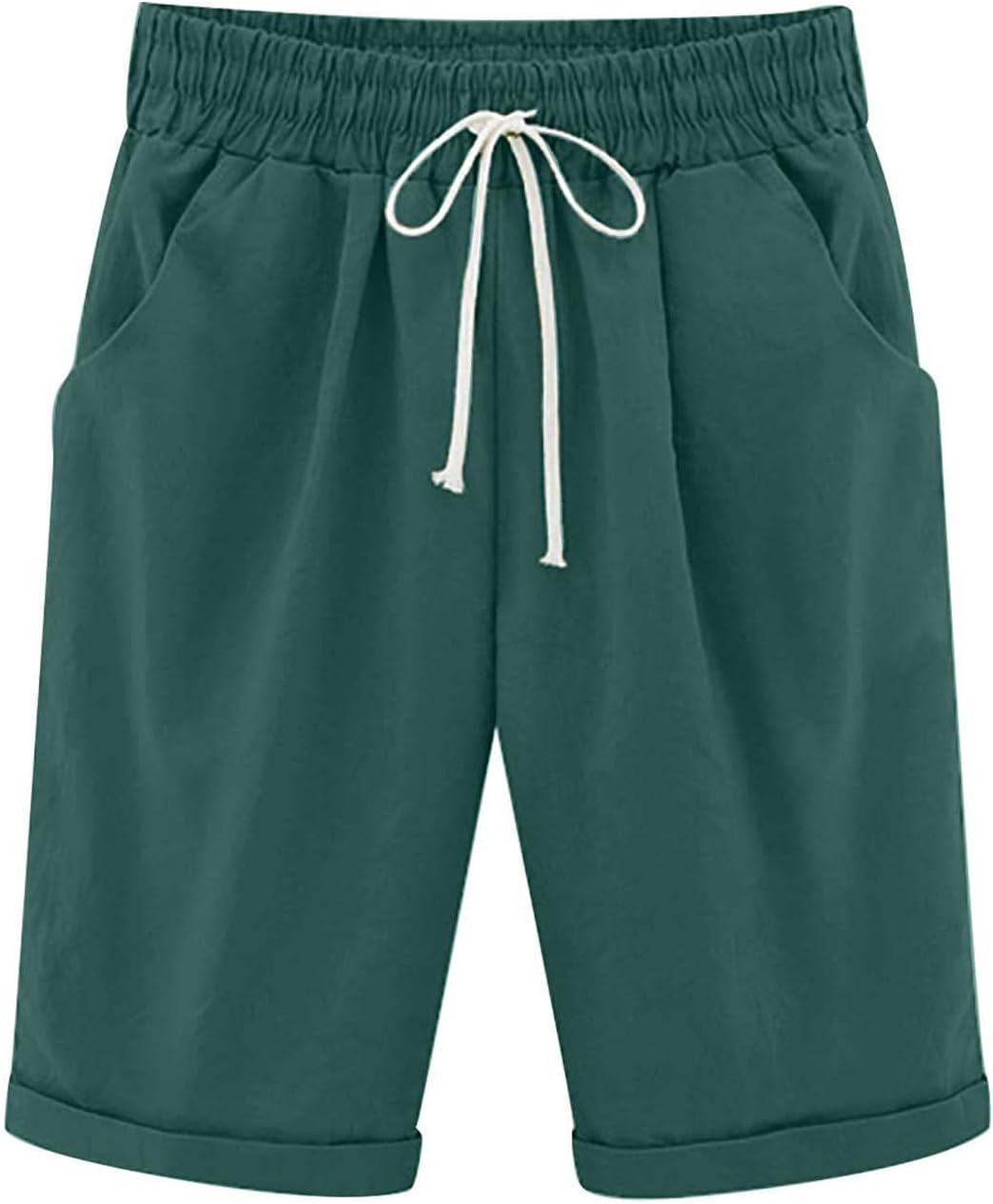 Long Shorts for Women Knee Length Linen Bermuda Shorts Baggy Casual High Waist Drawstring Wide Leg Beach Resort Pants