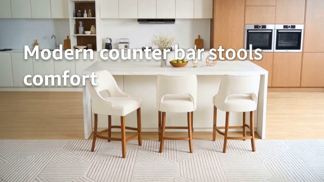 Butacos modernos de bar, set de 2 unidades, altura para barra (26 pulgadas), con respaldo y reposapiés curvo, tapizados en beige con patas de nogal, para isla de cocina, comedor y bar miniatura 7