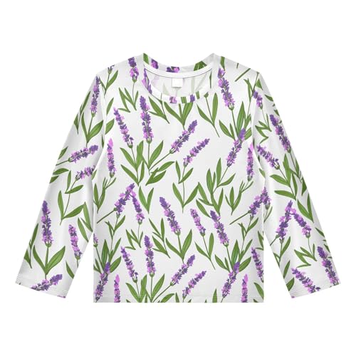 DOMIKING Lavender Flower Leaves White Boys Long Sleeve Rashguard Shirt Kids Quick Dry Swim Shirt for Kids Toddler 11-12T